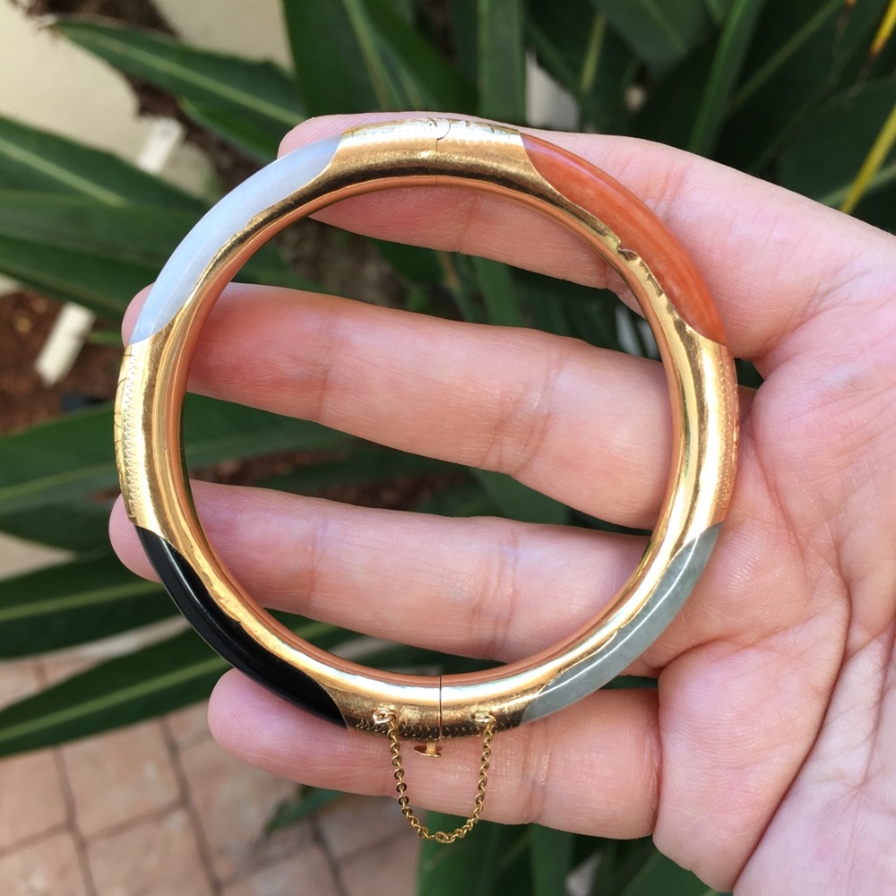 Multi Color Jade Solid 14k Hinged Bangle Bracelet - image 3